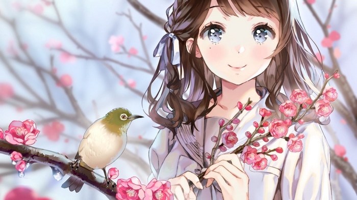 Girl with a bird and cherry blossoms