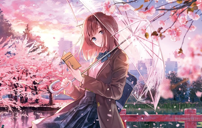 Girl with umbrella and book under cherry blossoms