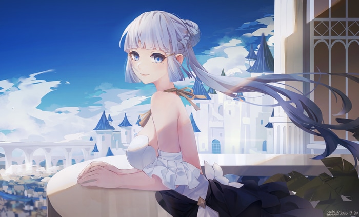 Kamisato Ayaka from Genshin Impact on a balcony