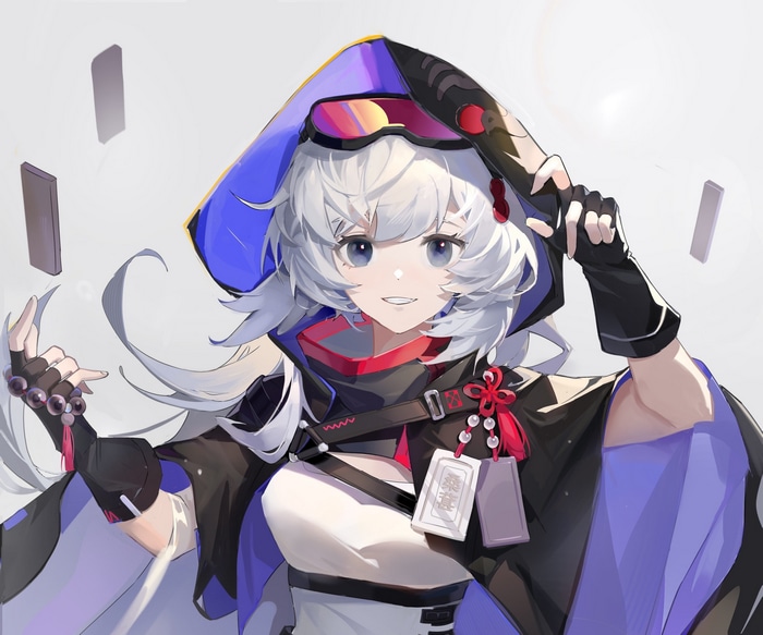 Mulberry from Arknights with white hair and blue hood