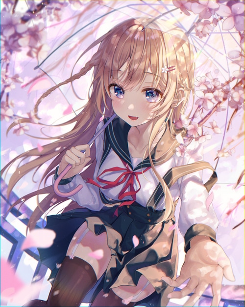 4K, blonde, school uniform, thigh-highs, Aibek, blue eyes, umbrella ...