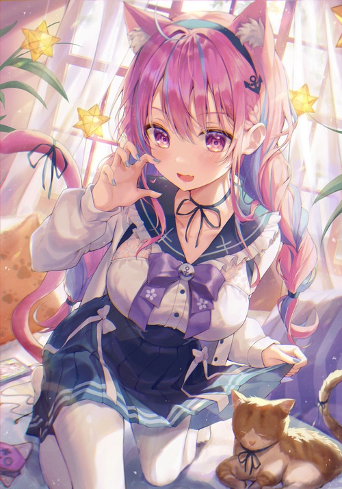 Minato Aqua, a cat girl, with a cat