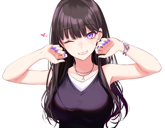 4K anime girl with dark hair and purple eyes winks