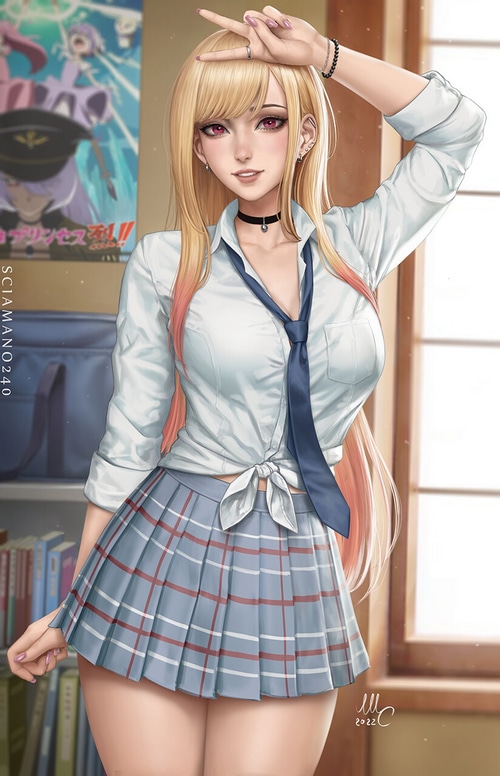 Kitagawa Marin in school uniform with peace sign