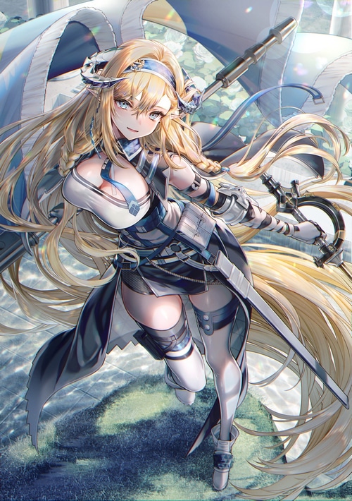 Saileach from Arknights with blonde hair and pointy ears