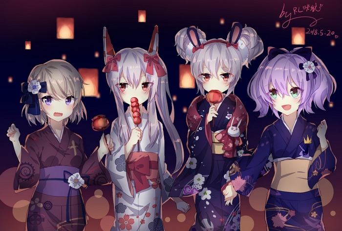 Azur Lane girls in kimonos at a lantern festival