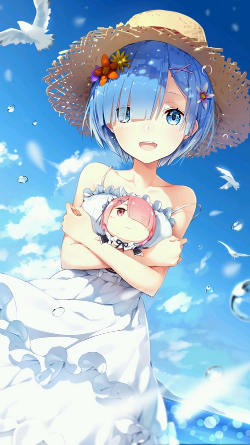 Rem from Re:Zero wearing a straw hat and dress