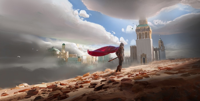 Fantasy art of a knight with a red cape in a desert