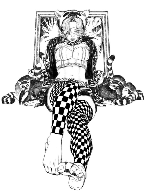 Sungmoo Heo's artwork of a woman with eyepatches and raccoons