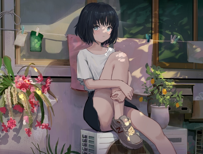 Anime girl with blue eyes sitting on an air conditioner