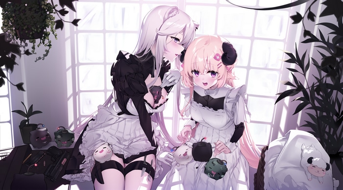 4K artwork of Tsunomaki Watame and Shishiro Botan in maid outfits