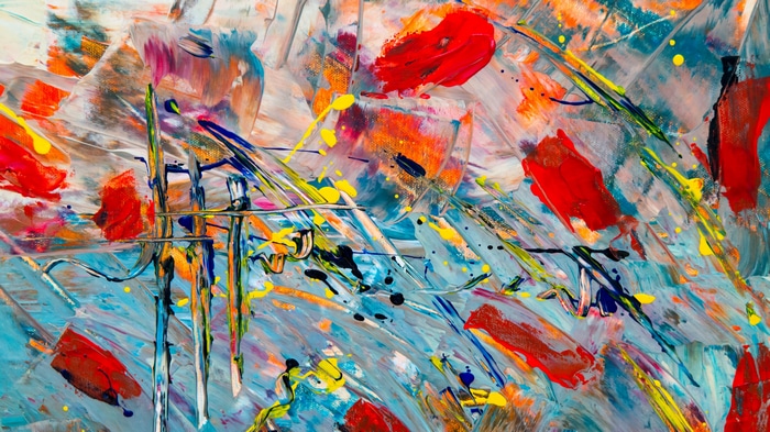 Abstract painting with red, blue, and yellow colors