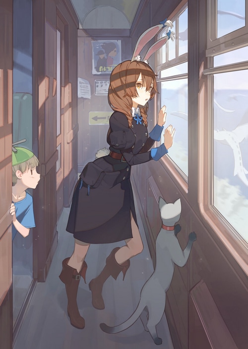 Anime girl with bunny ears and cat on a train