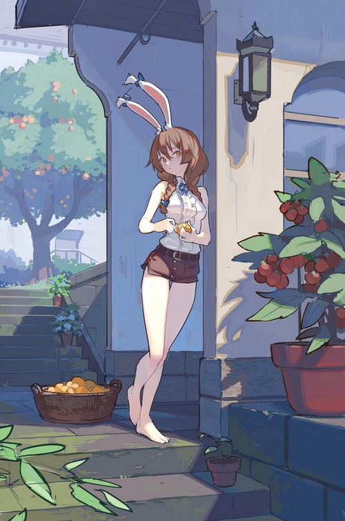 Girl with bunny ears holding food