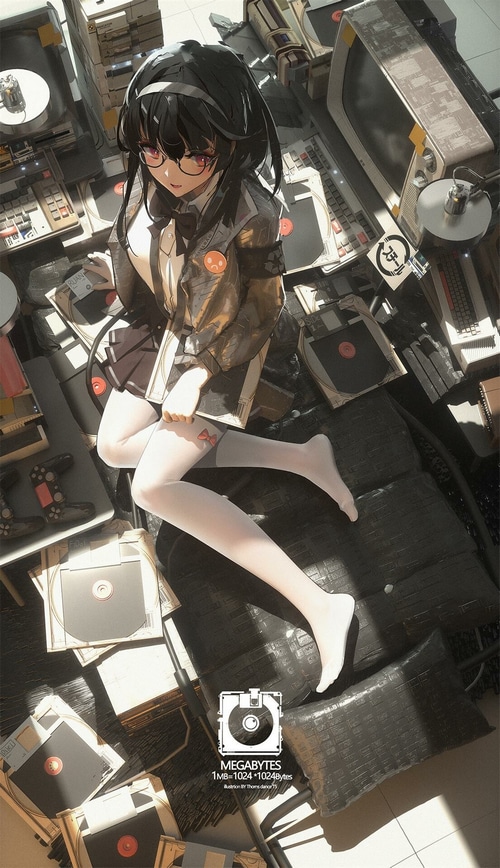 Anime girl with glasses surrounded by old computer equipment