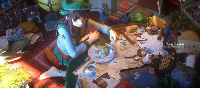Anime girl in school uniform eating food