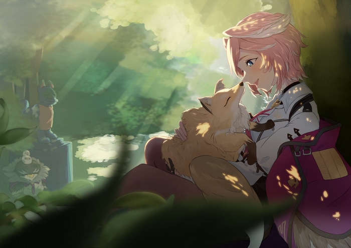Takane Lui and a fox in a sunlit forest