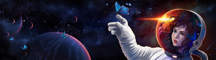 Astronaut with butterfly in space near planets