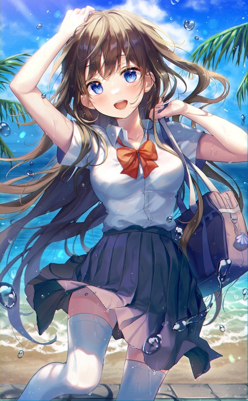 Girl in school uniform at the beach