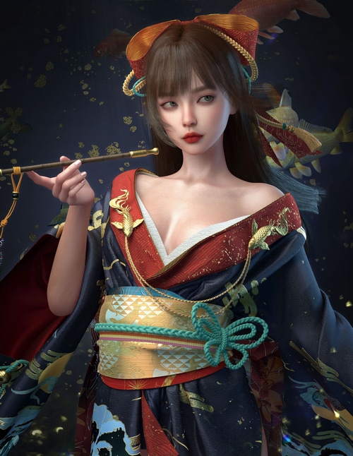 Woman in Kimono Smoking a Pipe with Koi Fish