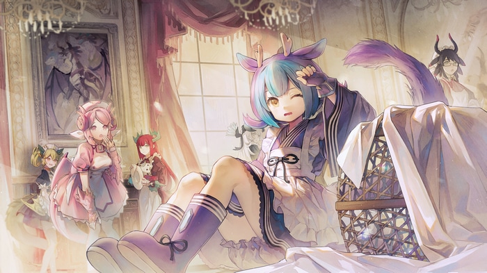 Dragonmaid characters in a parlor
