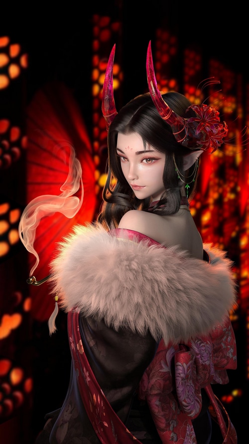 Fantasy girl with horns and fur collar smoking pipe