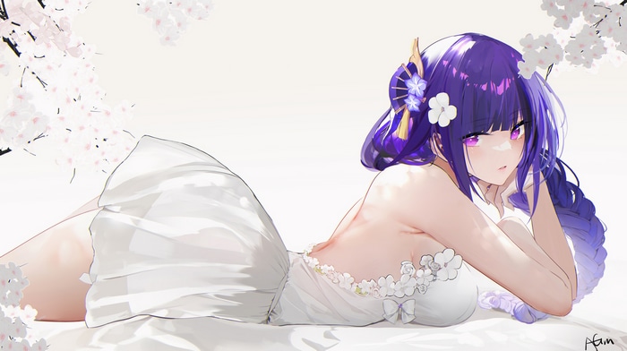 Raiden Shogun in a white dress with cherry blossoms