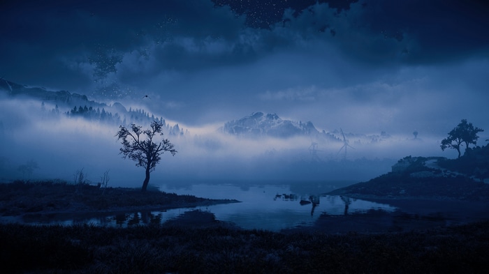 4K PlayStation landscape with fog and mountains