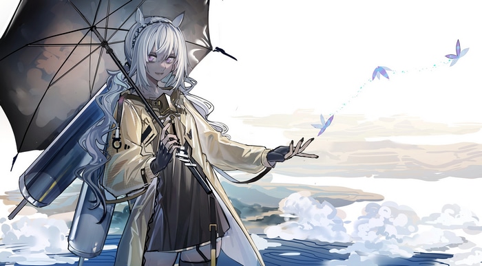 Tuye from Arknights with an umbrella and butterflies