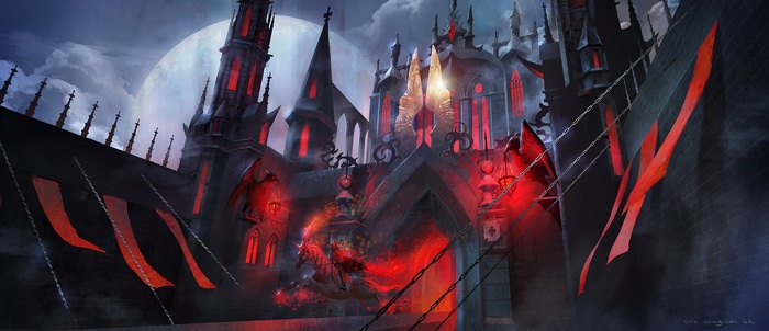 Fantasy art of a dark castle with red accents