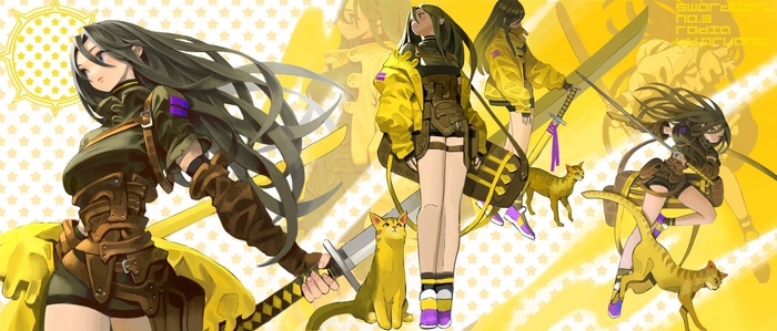 Anime girls with swords and cats on yellow background