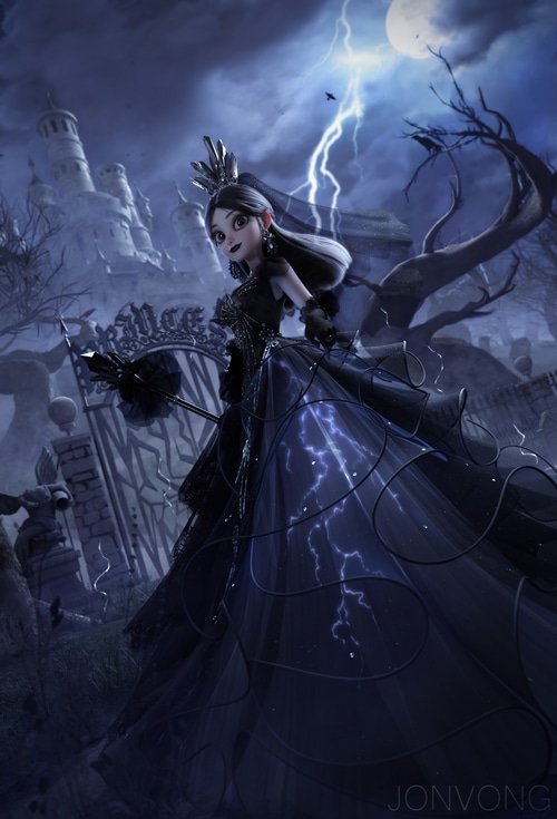 Dark Princess in a stormy graveyard with a castle