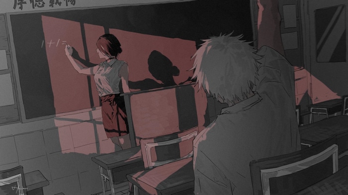 Chainsaw Man: Reze and Denji in a classroom