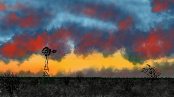 Digital painting of a windmill at sunset