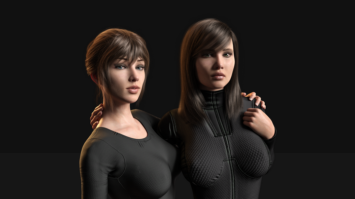 Two women in black outfits against a dark background