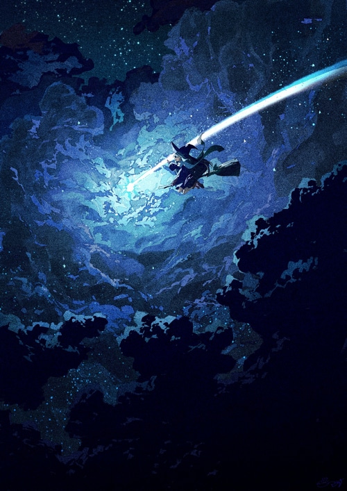 Witch flying on a broomstick through the night sky