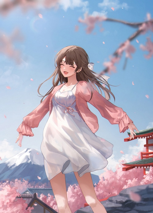 Girl in a white dress with Mount Fuji and cherry blossoms