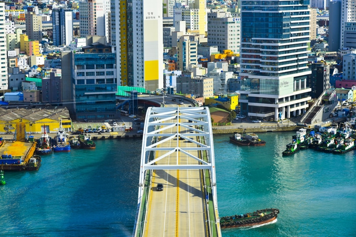 Busan harbor with bridge and cityscape