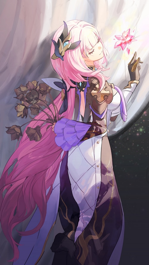 Elysia from Honkai Impact 3rd holding flowers and a crystal