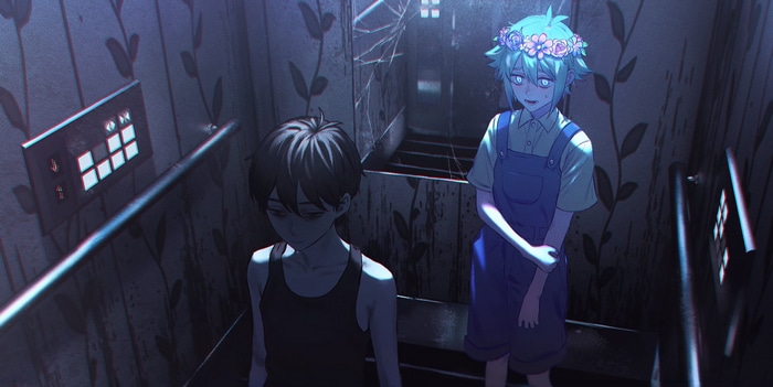 Omori and Basil in a dark elevator