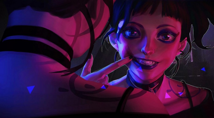 Woman with dark lipstick and black nails touching her face