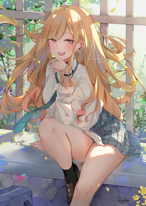 Kitagawa Marin in a school uniform with flowers