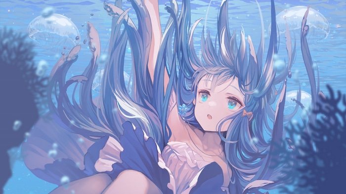 Anime girl Ritsuki underwater with jellyfish