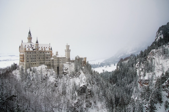 Neuschwanstein Castle in winter with snow-covered trees