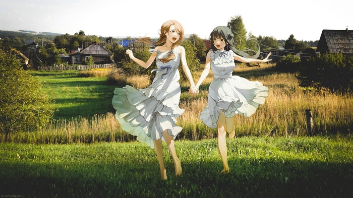 Two anime girls in white dresses holding hands in a village