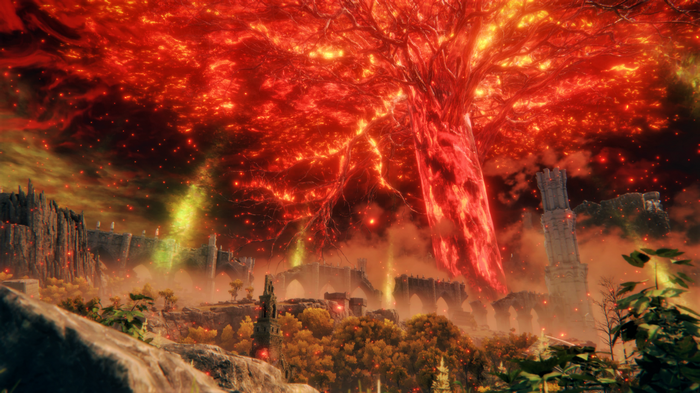 Elden Ring Erdtree with ruins and glowing sky