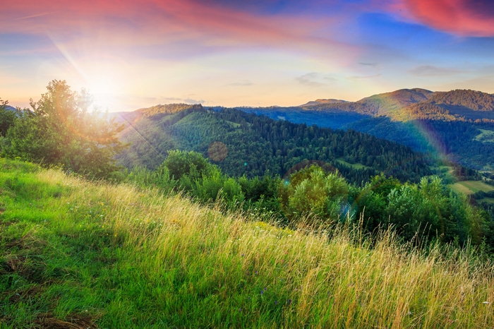 4K Sunrise over Mountains and Grass