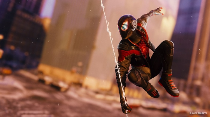 Spider-Man Miles Morales swinging through a city