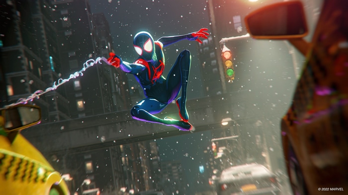 Spider-Man Miles Morales swinging through a snowy city