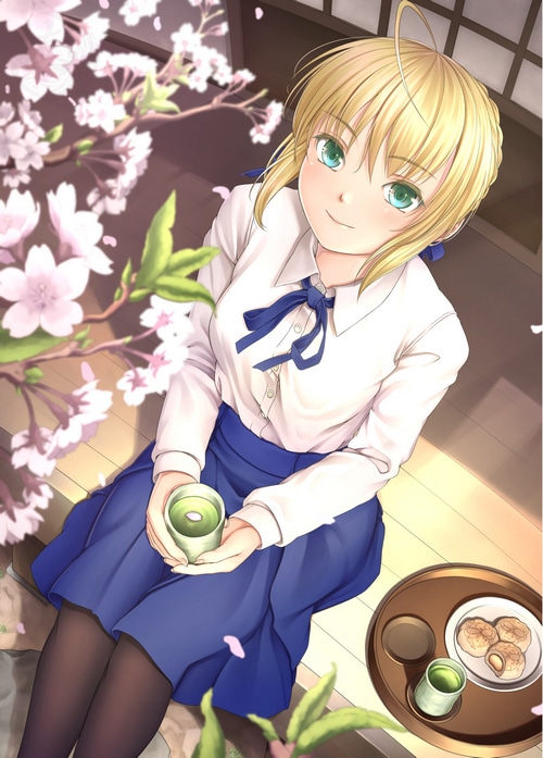 Saber (Artoria Pendragon) drinking tea under cherry blossoms
